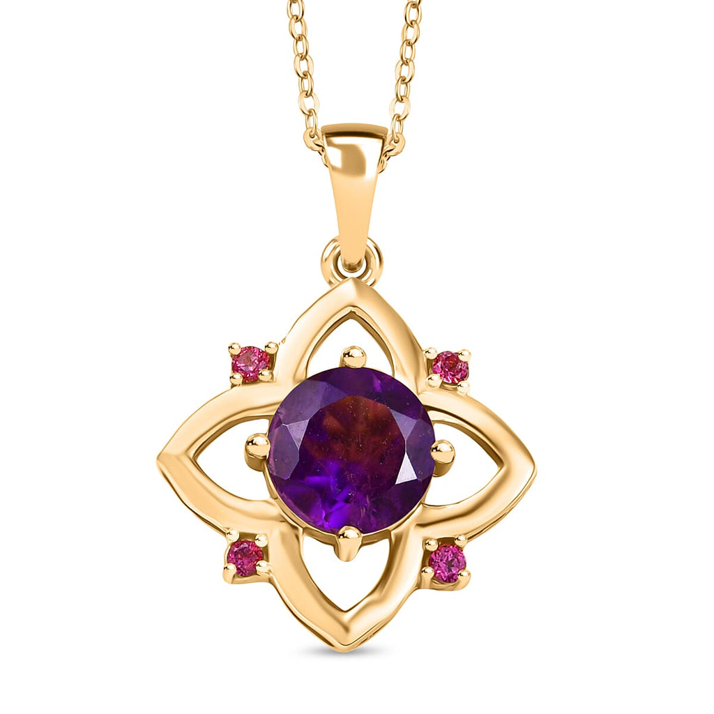 AAA African Amethyst & Rhodolite Garnet Pendant with Chain (Size 20) in 14K Yellow Gold Plated Sterling Silver 1.94 Ct.