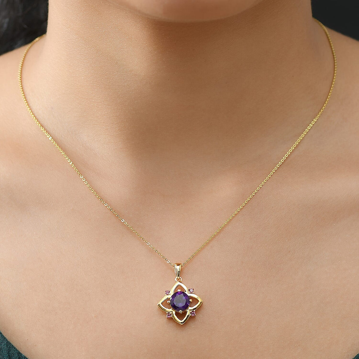 AAA African Amethyst &amp; Rhodolite Garnet Pendant with Chain (Size 20) in 14K Yellow Gold Plated Sterling Silver 1.94 Ct. 4395584 2