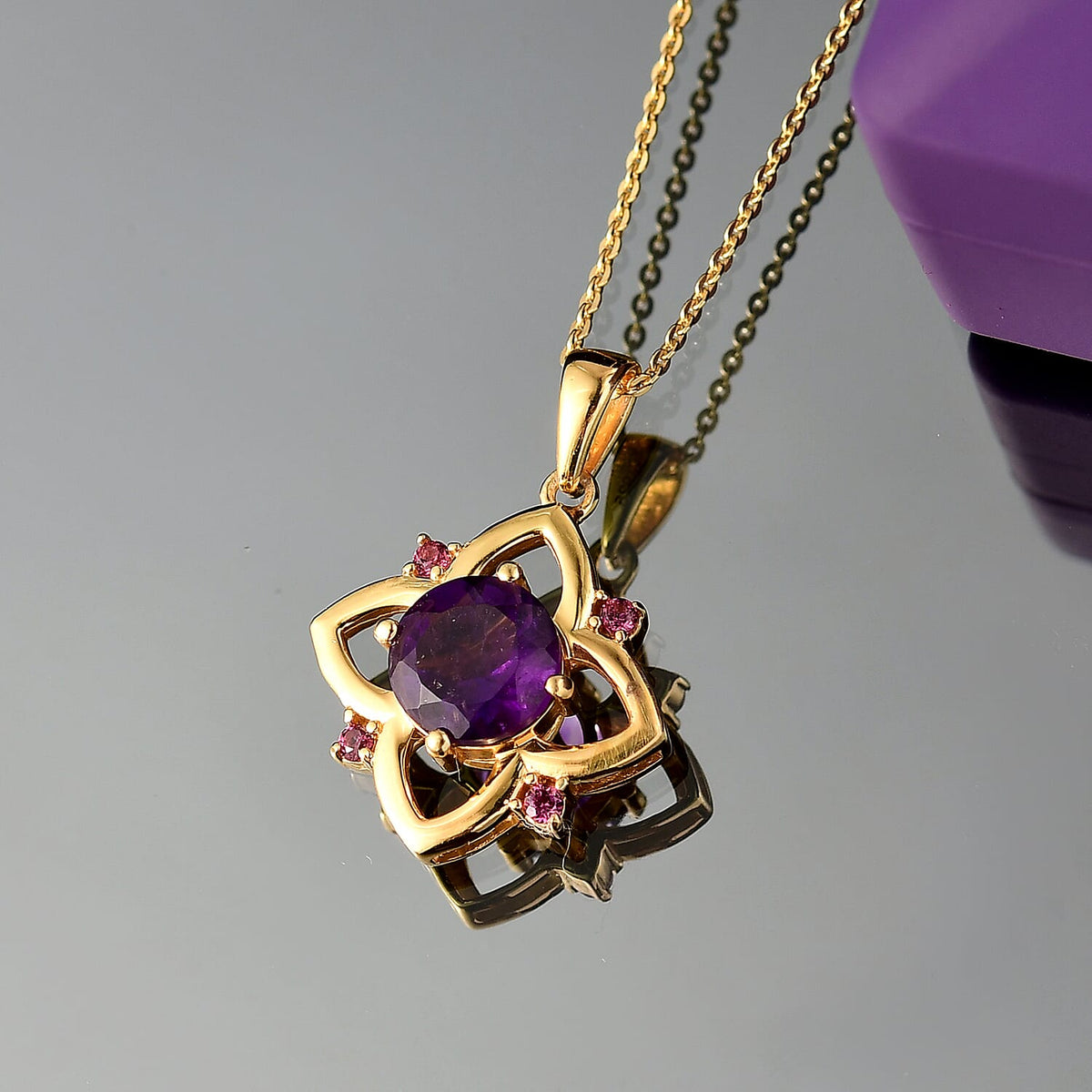 AAA African Amethyst &amp; Rhodolite Garnet Pendant with Chain (Size 20) in 14K Yellow Gold Plated Sterling Silver 1.94 Ct. 4395584 3
