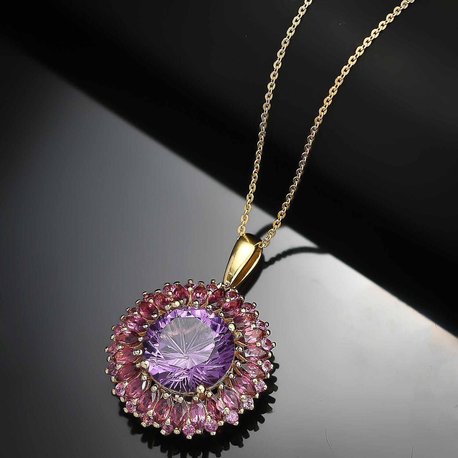 African Amethyst &amp; Rhodolite Garnet Pendant with Chain (Size - 20) in 18K Vermeil Yellow Gold Plated Sterling Silver 10.20 Ct. 4339819 2