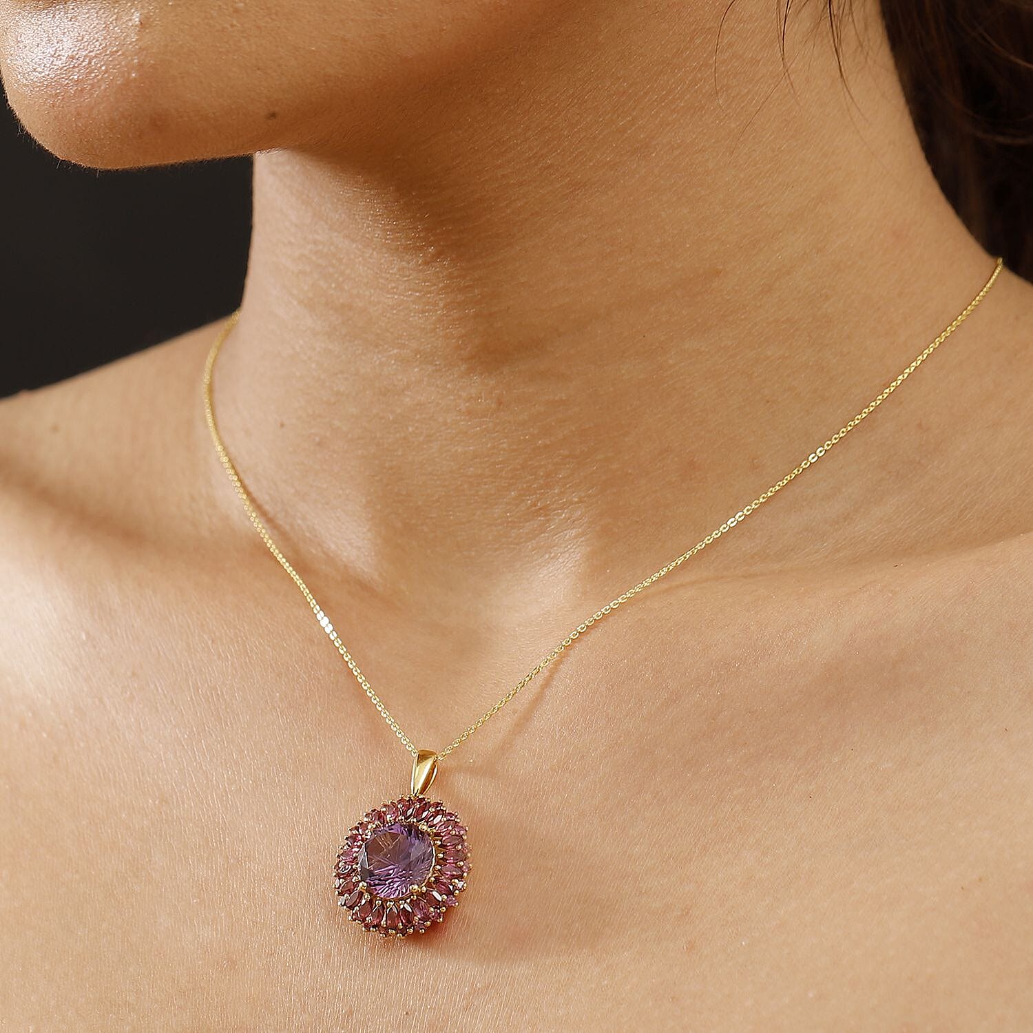 African Amethyst &amp; Rhodolite Garnet Pendant with Chain (Size - 20) in 18K Vermeil Yellow Gold Plated Sterling Silver 10.20 Ct. 4339819 3