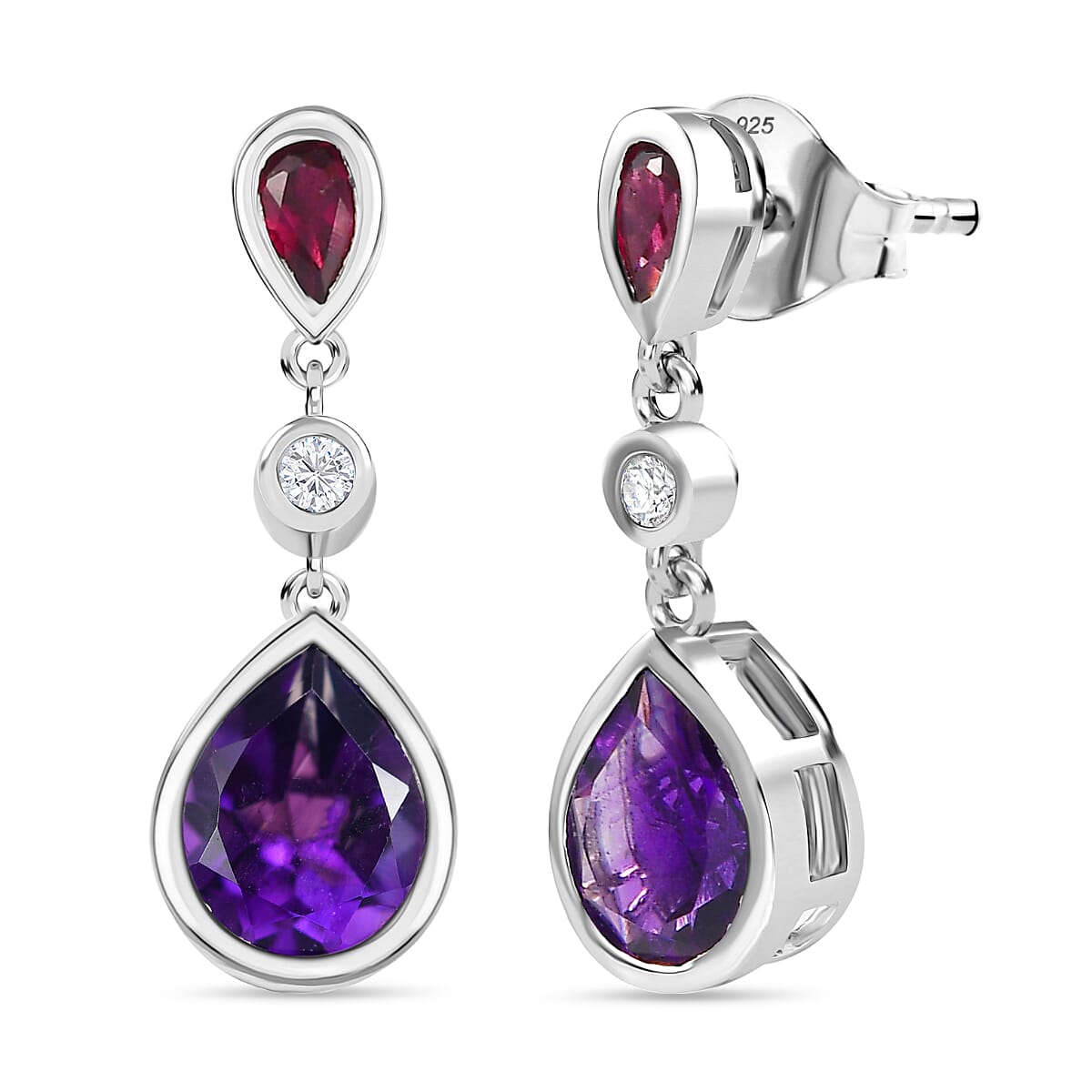 AAA African Amethyst, Rhodolite Garnet, White Zircon Dangling Earring with Push Back in Rhodium Overlay Sterling Silver 3.46 Ct. 8188624 0
