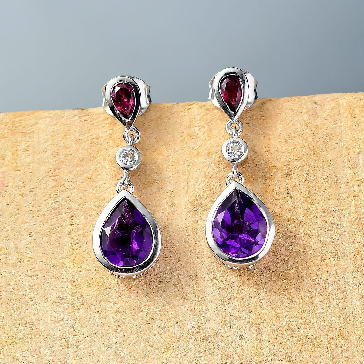 AAA African Amethyst, Rhodolite Garnet, White Zircon Dangling Earring with Push Back in Rhodium Overlay Sterling Silver 3.46 Ct. 8188624 2