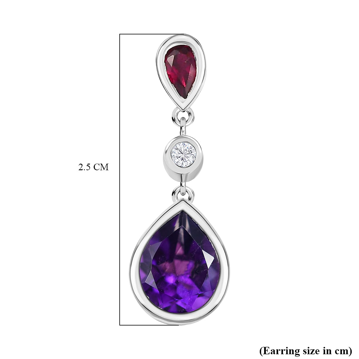 AAA African Amethyst, Rhodolite Garnet, White Zircon Dangling Earring with Push Back in Rhodium Overlay Sterling Silver 3.46 Ct. 8188624 6