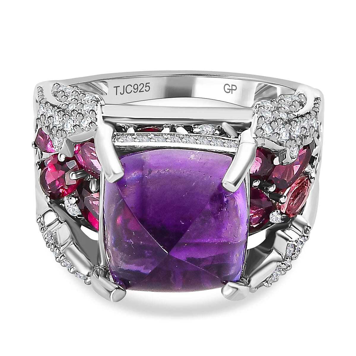 GP Italian Garden Collection - Amethyst, Rhodolite Garnet and Natural Zircon Cluster Ring in Platinum Overlay Sterling Silver 7426135 0