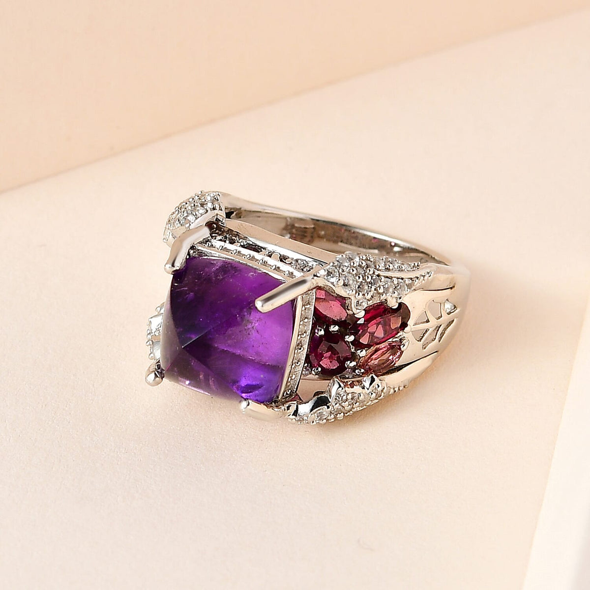 GP Italian Garden Collection - Amethyst, Rhodolite Garnet and Natural Zircon Cluster Ring in Platinum Overlay Sterling Silver 7426135 1