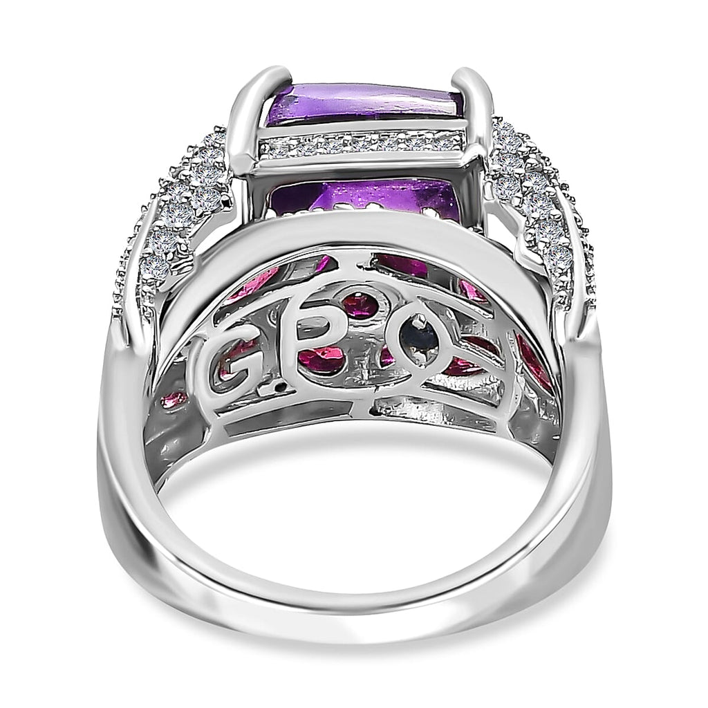 GP Italian Garden Collection - Amethyst, Rhodolite Garnet & Natural Zircon Cluster Ring in Platinum Overlay Sterling Silver 8.38 Ct, Silver Wt. 7.75 Gms