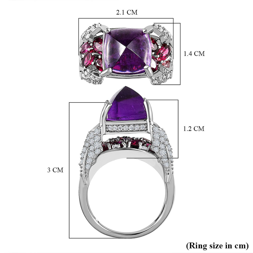 GP Italian Garden Collection - Amethyst, Rhodolite Garnet & Natural Zircon Cluster Ring in Platinum Overlay Sterling Silver 8.38 Ct, Silver Wt. 7.75 Gms