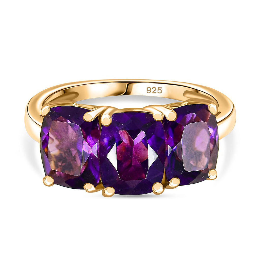 AAA African Amethyst Trilogy Ring in 18K Vermeil Yellow Gold Plated Sterling Silver 4.20 Ct.