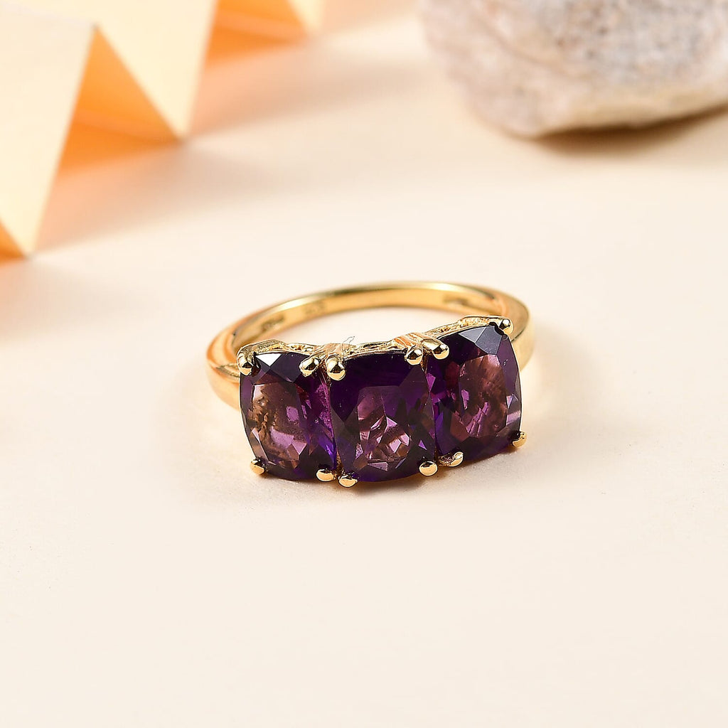 AAA African Amethyst Trilogy Ring in 18K Vermeil Yellow Gold Plated Sterling Silver 4.20 Ct.