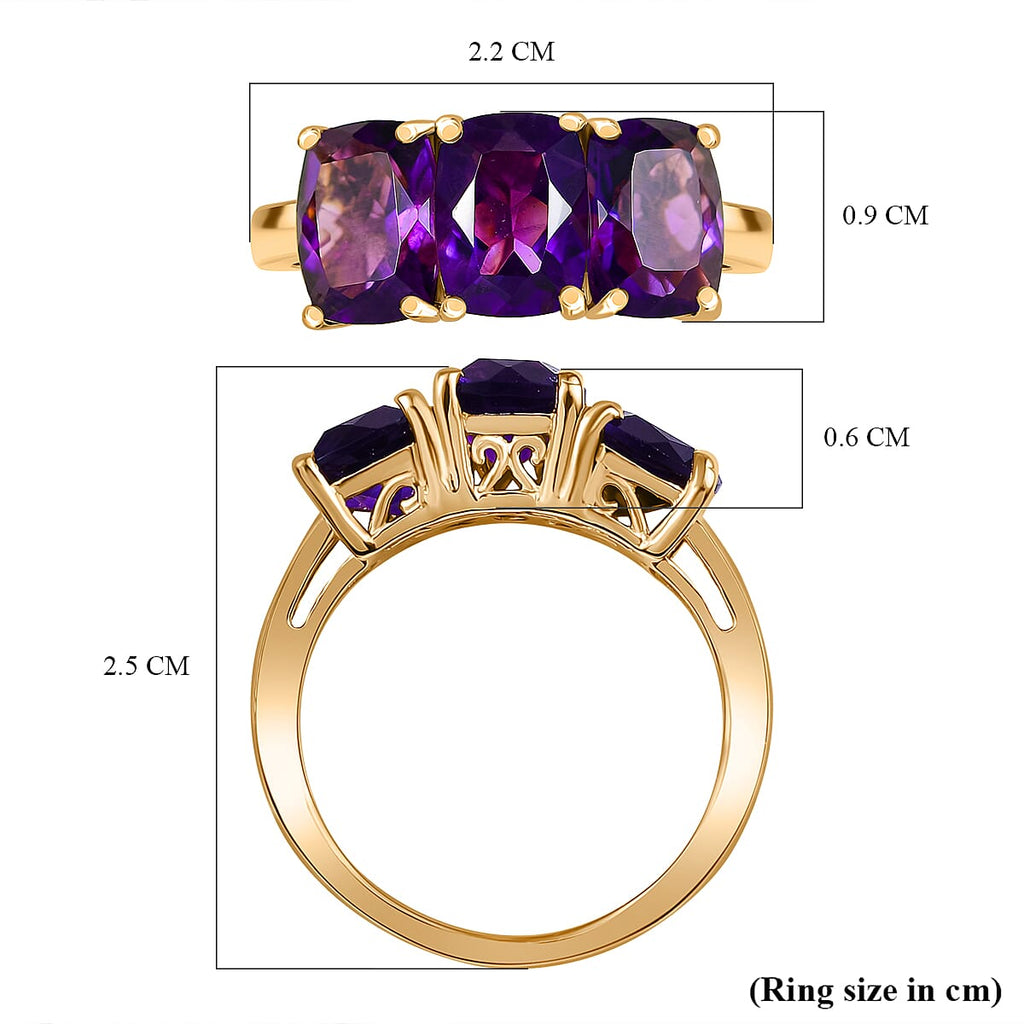 AAA African Amethyst Trilogy Ring in 18K Vermeil Yellow Gold Plated Sterling Silver 4.20 Ct.