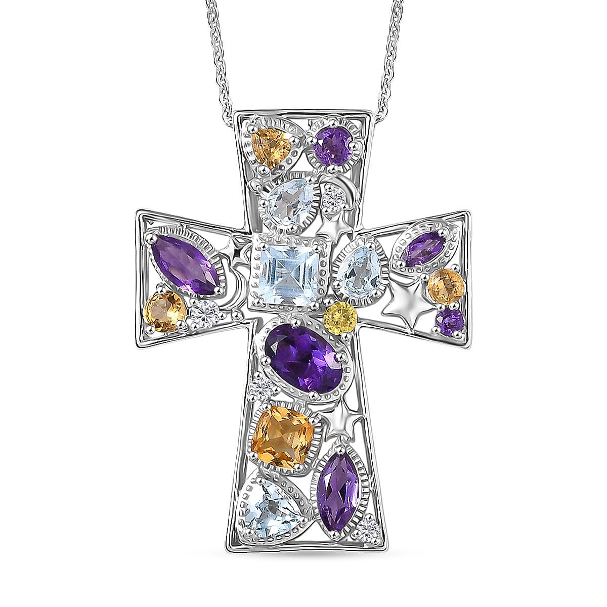 GP- Celestial Dream Collection African Amethyst, Skyblue Topaz, Citrine, White Zircon &amp; Blue Sapphire Cross Pendant with Chain (Size 20) in Rhodium Overlay Sterling Silver 3.05 Ct. 4430990 0