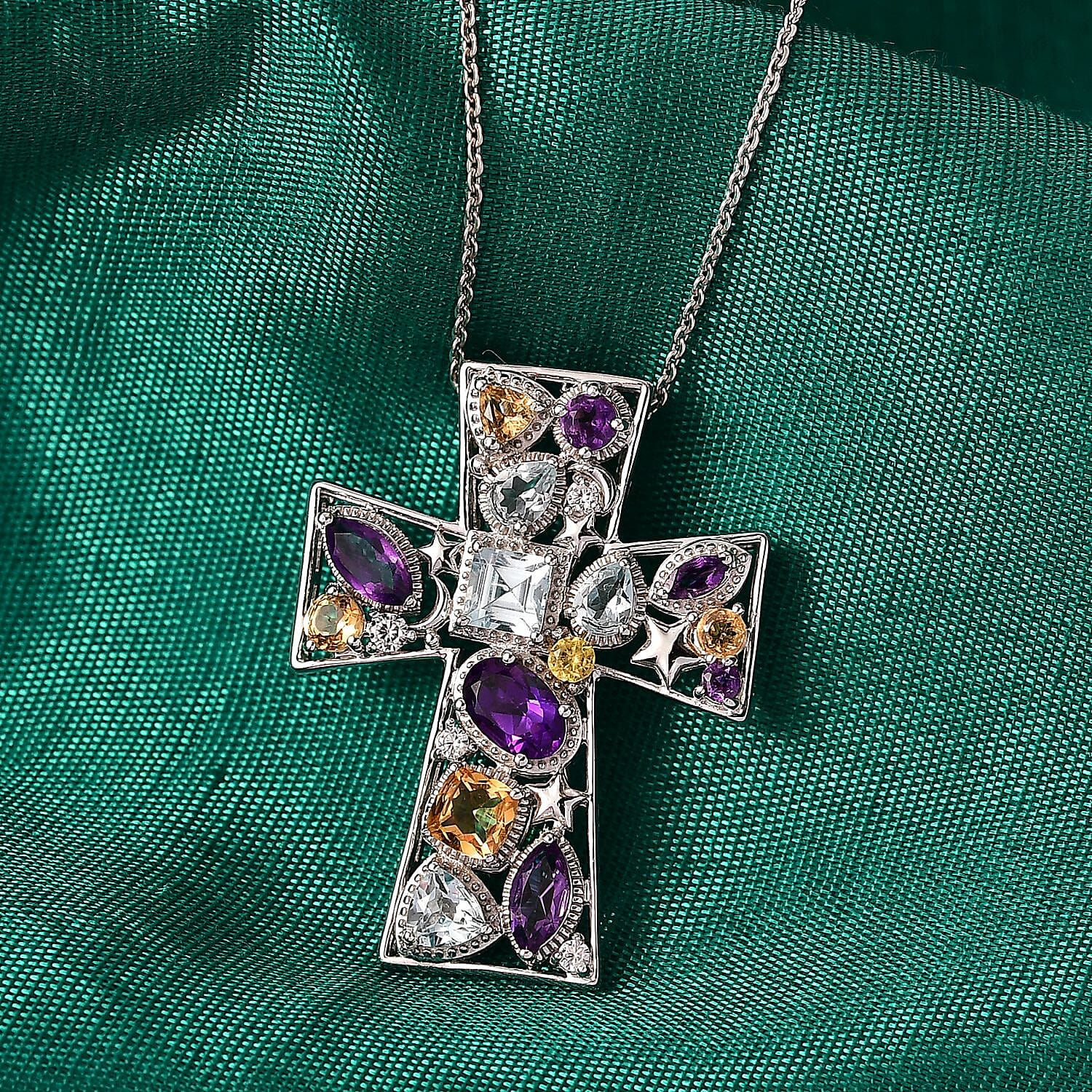 GP- Celestial Dream Collection African Amethyst, Skyblue Topaz, Citrine, White Zircon &amp; Blue Sapphire Cross Pendant with Chain (Size 20) in Rhodium Overlay Sterling Silver 3.05 Ct. 4430990 2