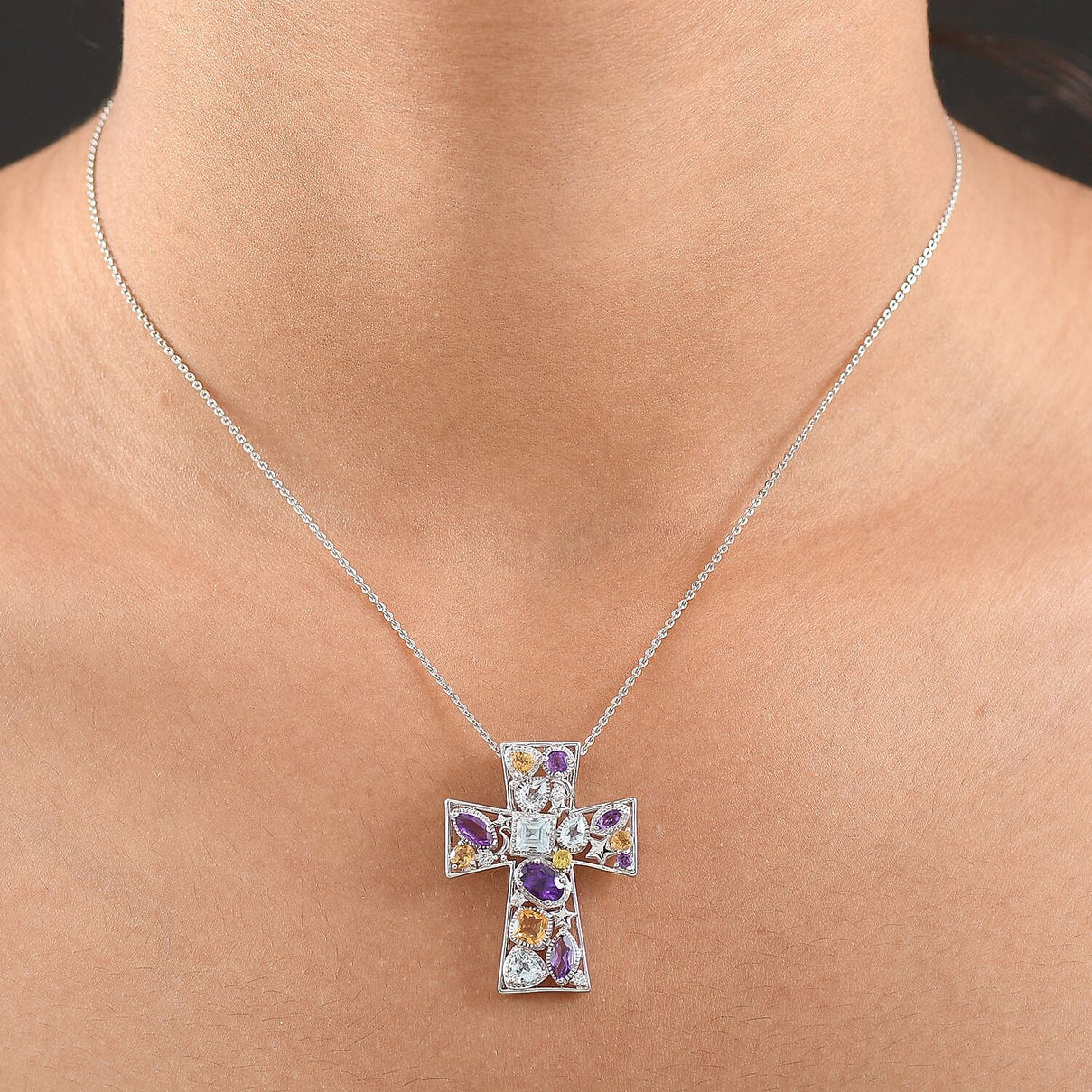 GP- Celestial Dream Collection African Amethyst, Skyblue Topaz, Citrine, White Zircon &amp; Blue Sapphire Cross Pendant with Chain (Size 20) in Rhodium Overlay Sterling Silver 3.05 Ct. 4430990 3