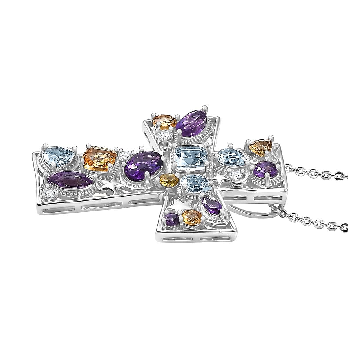 GP- Celestial Dream Collection African Amethyst, Skyblue Topaz, Citrine, White Zircon &amp; Blue Sapphire Cross Pendant with Chain (Size 20) in Rhodium Overlay Sterling Silver 3.05 Ct. 4430990 5