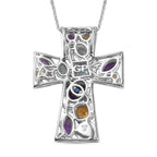 GP- Celestial Dream Collection African Amethyst, Skyblue Topaz, Citrine, White Zircon & Blue Sapphire Cross Pendant with Chain (Size 20) in Rhodium Overlay Sterling Silver 3.05 Ct.
