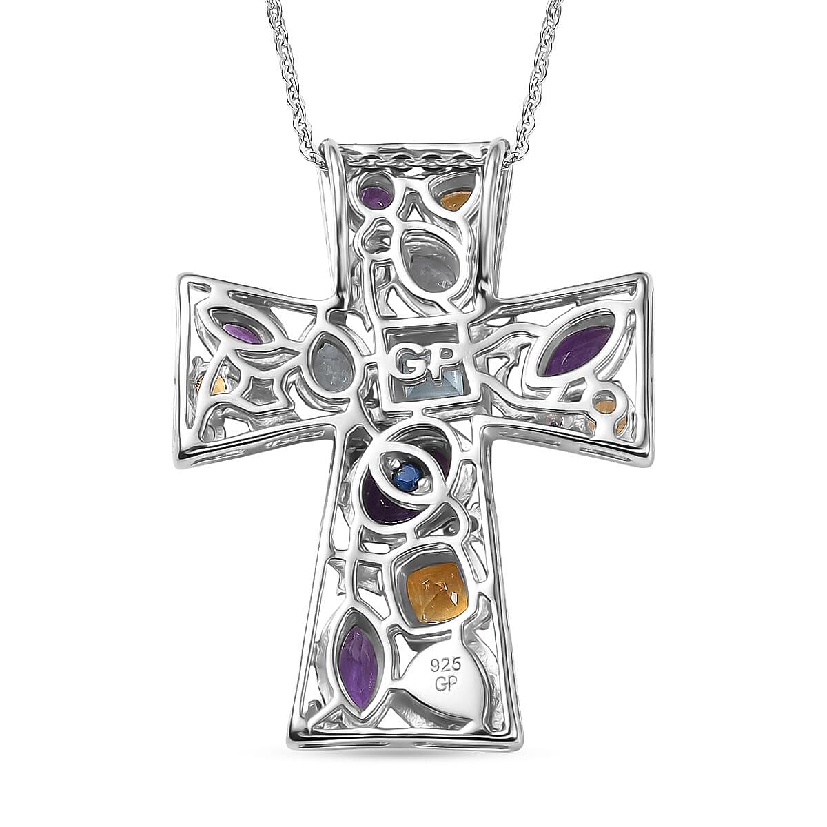 GP- Celestial Dream Collection African Amethyst, Skyblue Topaz, Citrine, White Zircon &amp; Blue Sapphire Cross Pendant with Chain (Size 20) in Rhodium Overlay Sterling Silver 3.05 Ct. 4430990 6