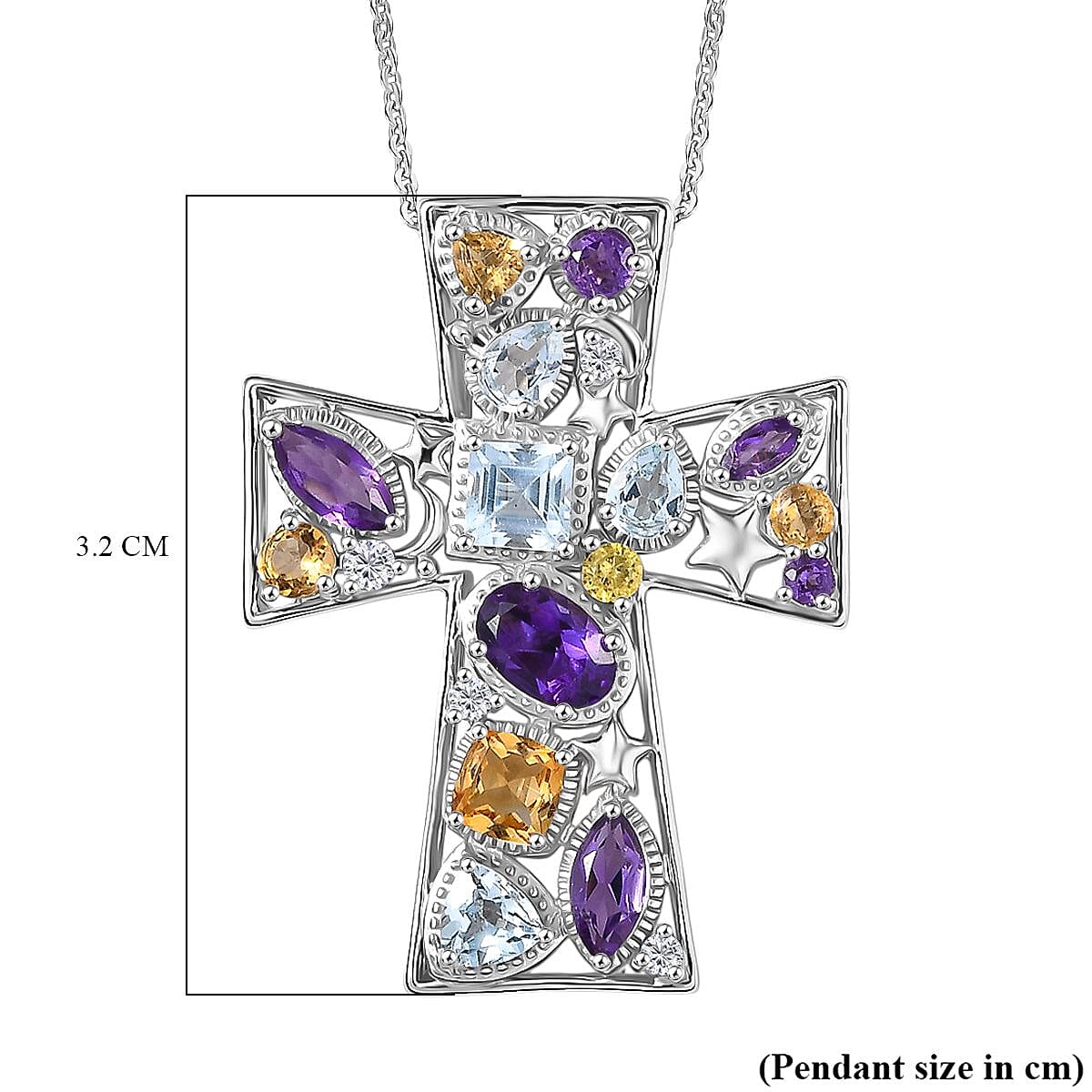 GP- Celestial Dream Collection African Amethyst, Skyblue Topaz, Citrine, White Zircon &amp; Blue Sapphire Cross Pendant with Chain (Size 20) in Rhodium Overlay Sterling Silver 3.05 Ct. 4430990 8
