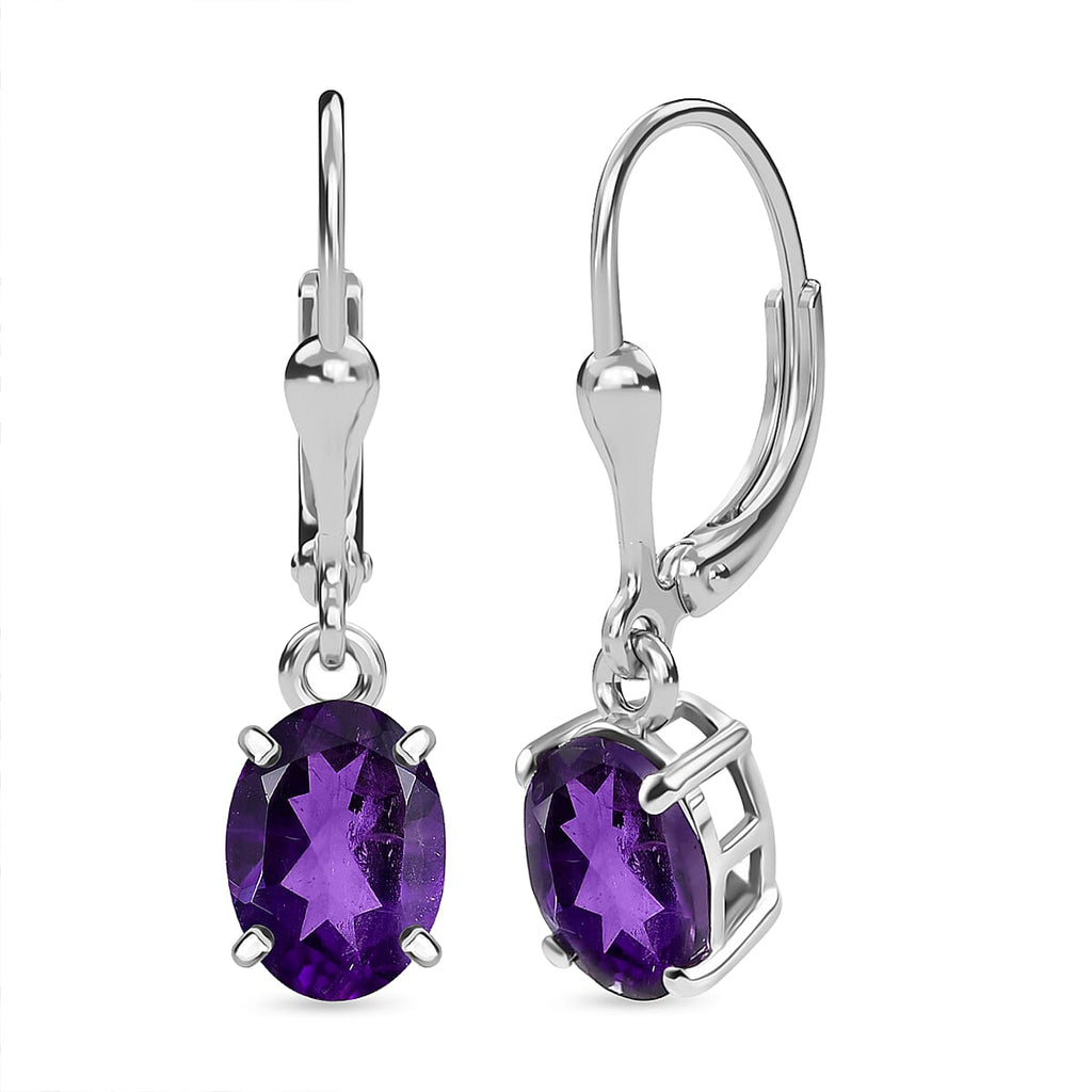 African Amethyst Solitaire Lever Back Earring in Rhodium Overlay Sterling Silver 2.24 Ct.