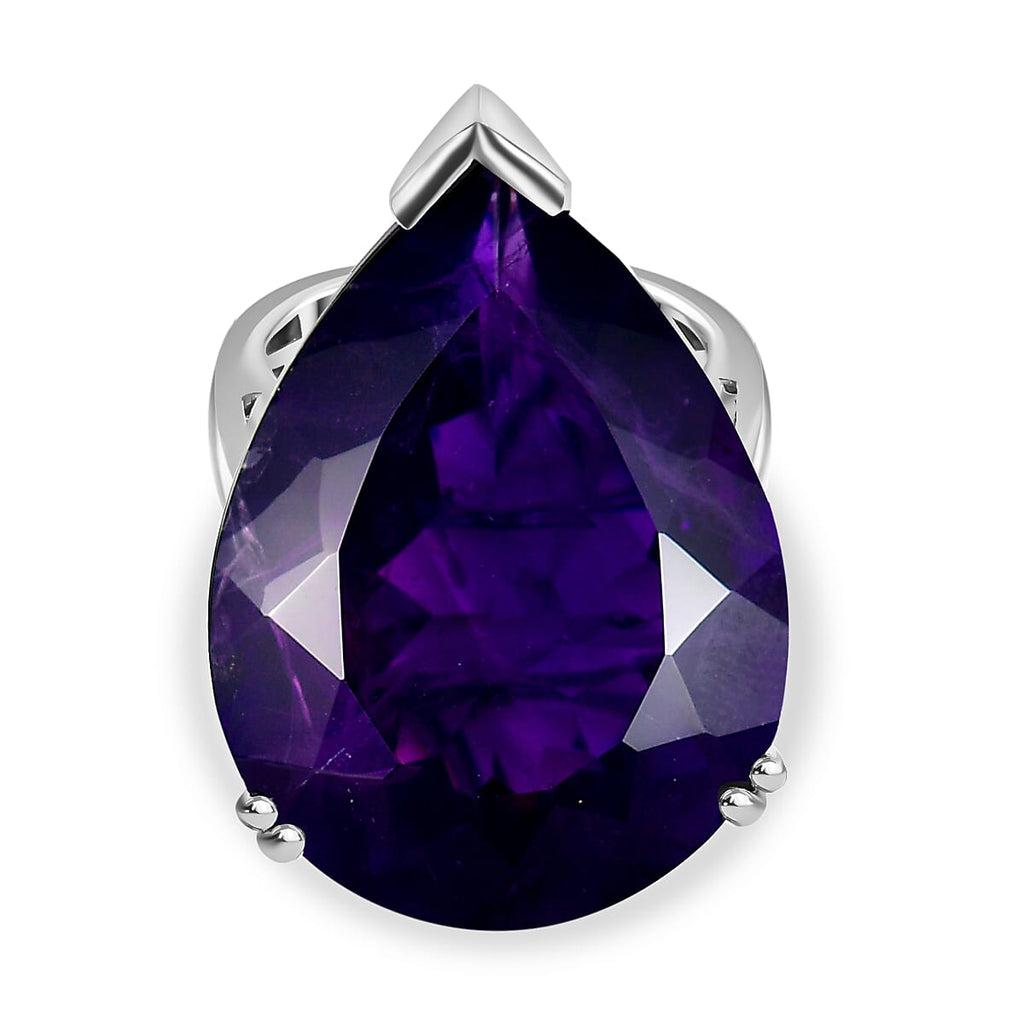 AAA African Amethyst Solitaire Pear Cut Ring in Rhodium Overlay Sterling Silver 35.00 Ct