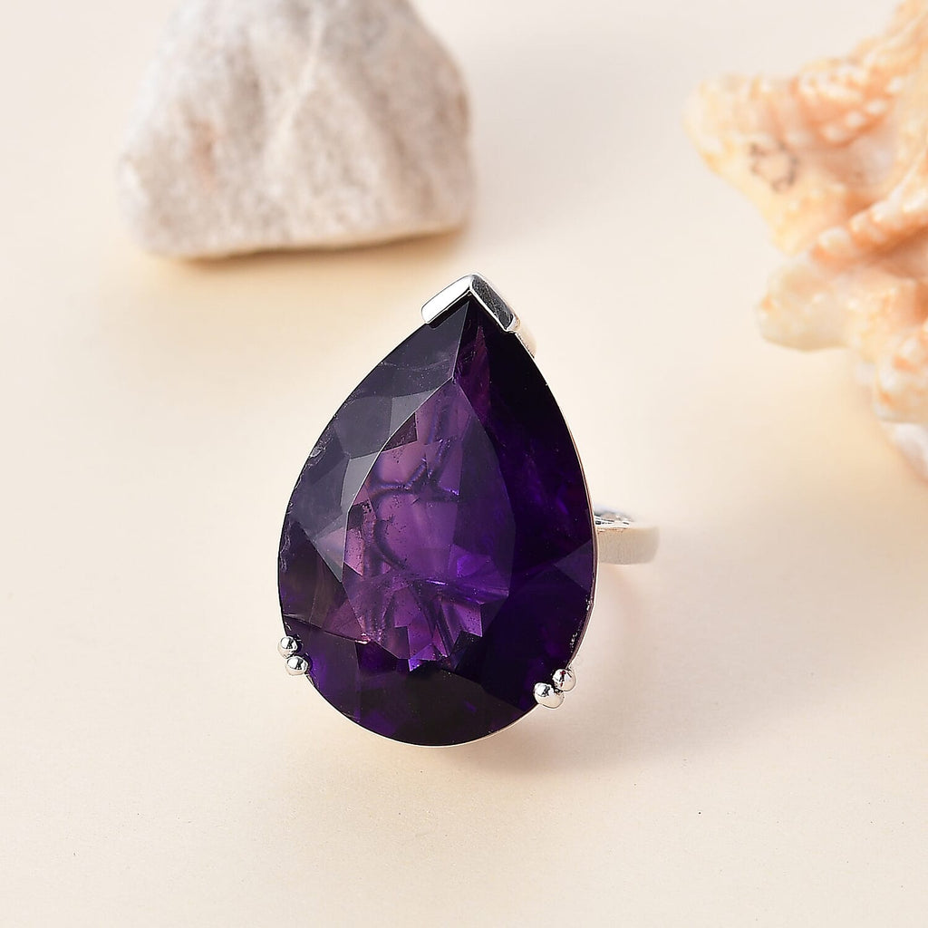 AAA African Amethyst Solitaire Pear Cut Ring in Rhodium Overlay Sterling Silver 35.00 Ct