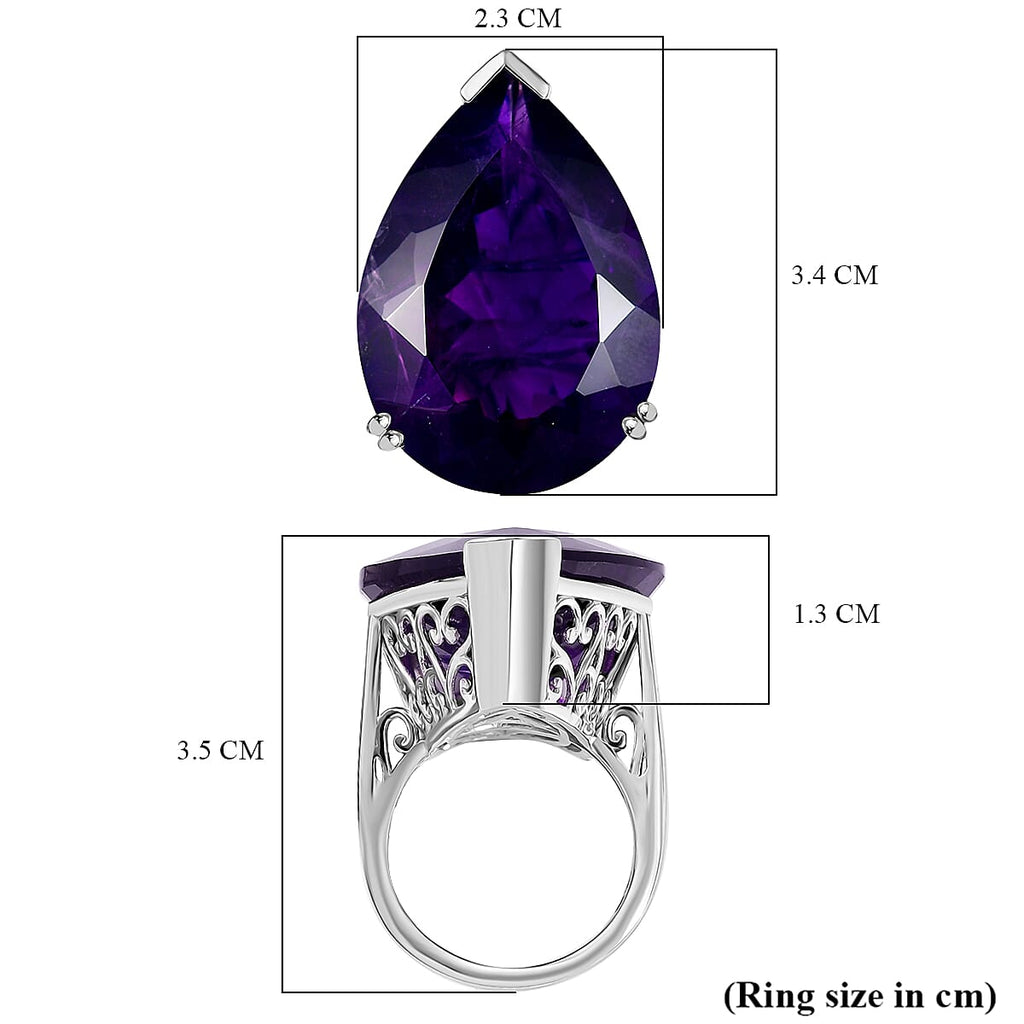 AAA African Amethyst Solitaire Pear Cut Ring in Rhodium Overlay Sterling Silver 35.00 Ct