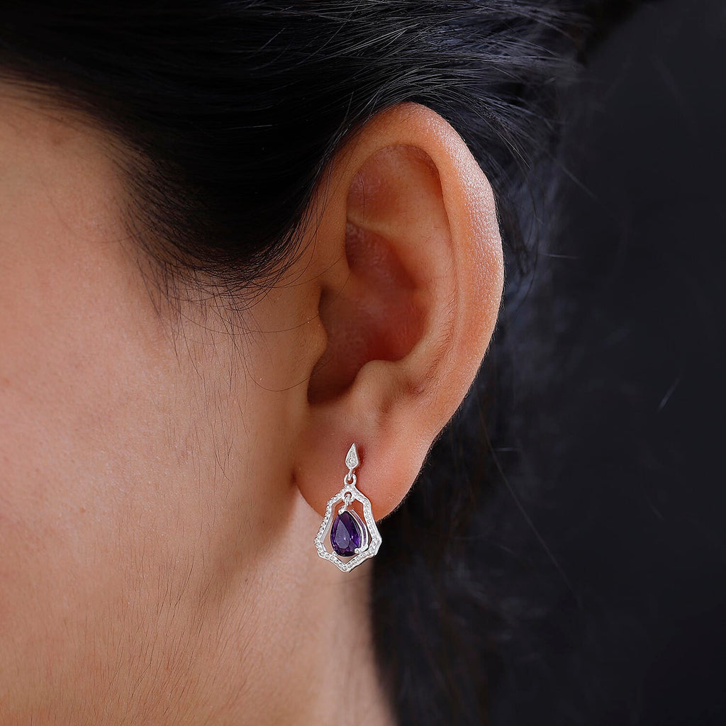 Amethyst Solitaire Dangle Earrings in Sterling Silver 1.33 Ct.