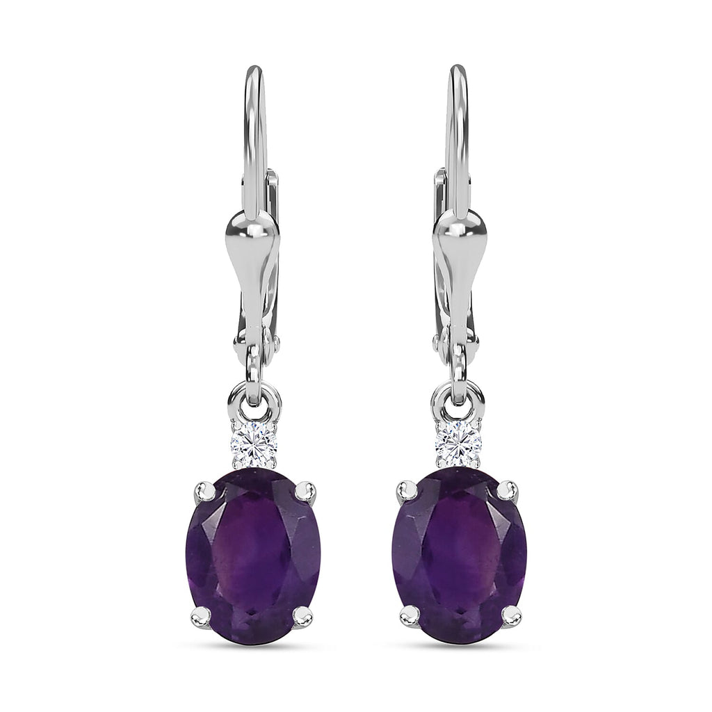 Amethyst and White Topaz Lever Back Earrings in Sterling Silver 1.85 Ct.