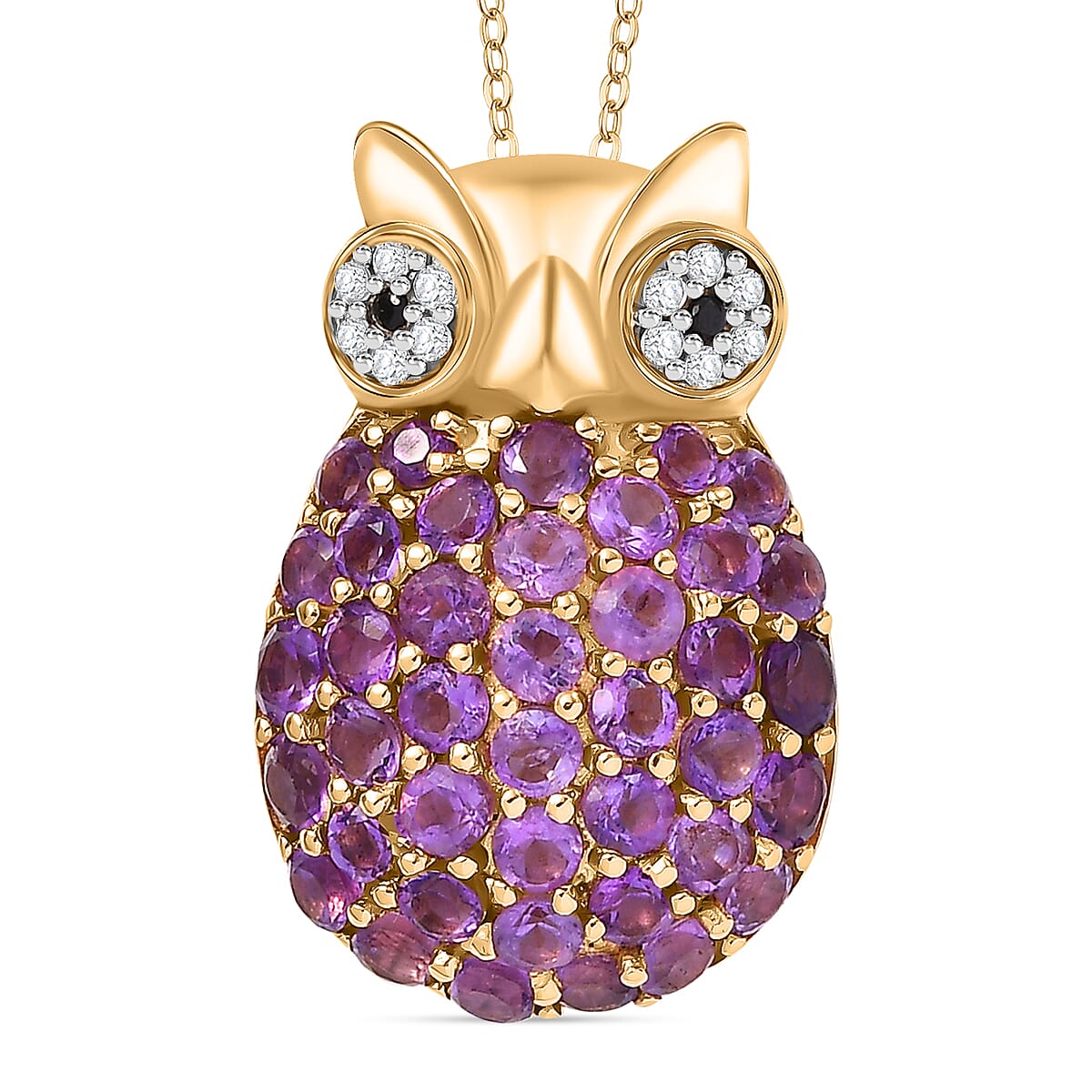 GP Collection - African Amethyst, White Zircon, Black Spinel Owl Pendant with Chain (Size 20) in 18K Yellow Gold Vermeil Plated Sterling Silver 4297133 0