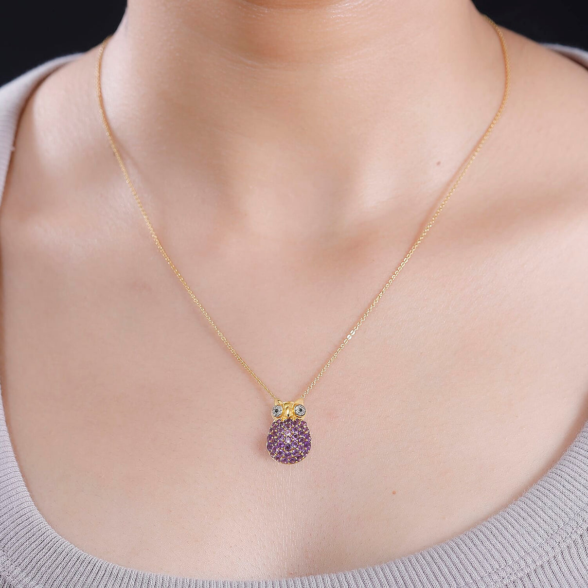 GP Collection - African Amethyst, White Zircon, Black Spinel Owl Pendant with Chain (Size 20) in 18K Yellow Gold Vermeil Plated Sterling Silver 4297133 2