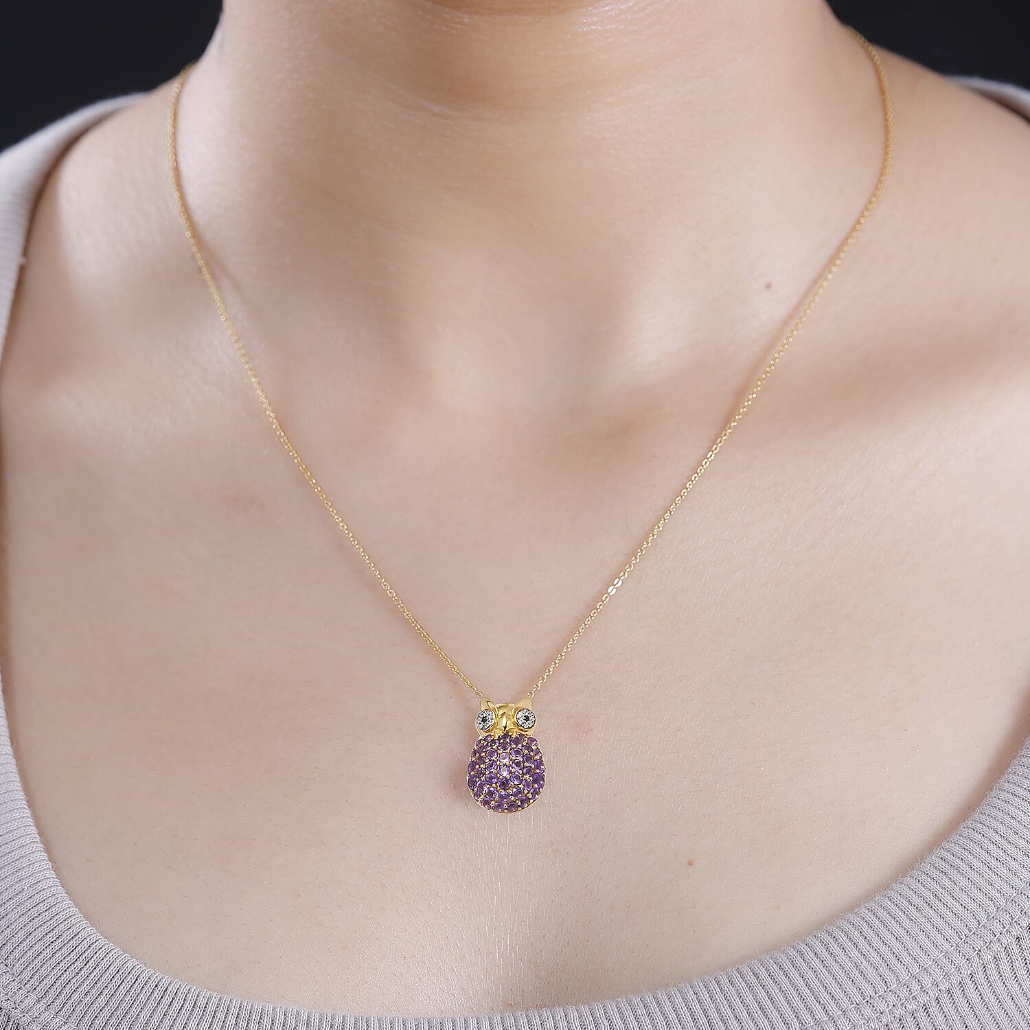 GP Collection - African Amethyst, White Zircon, Black Spinel Owl Pendant with Chain (Size 20) in 18K Yellow Gold Vermeil Plated Sterling Silver 4297133 2