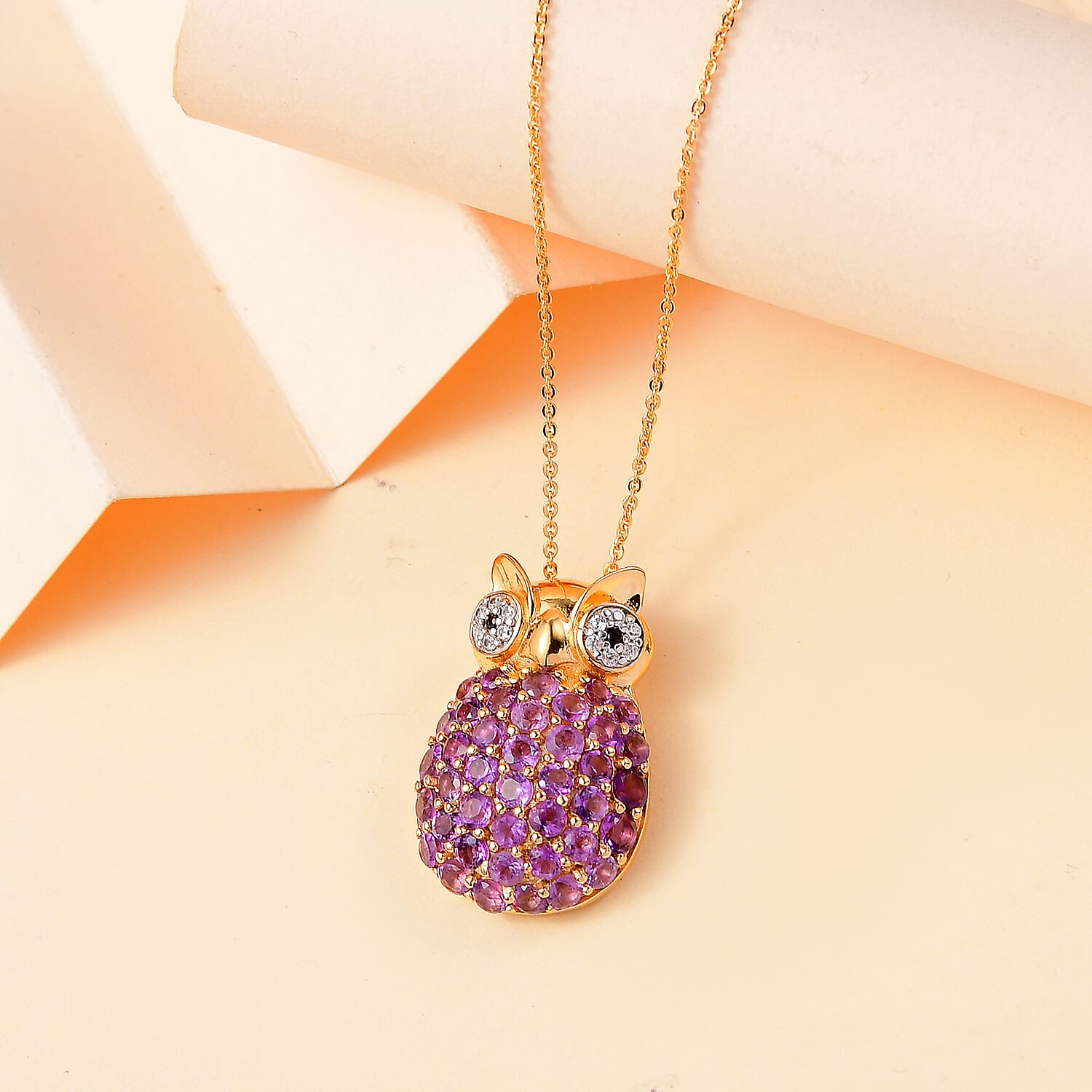 GP Collection - African Amethyst, White Zircon, Black Spinel Owl Pendant with Chain (Size 20) in 18K Yellow Gold Vermeil Plated Sterling Silver 4297133 3