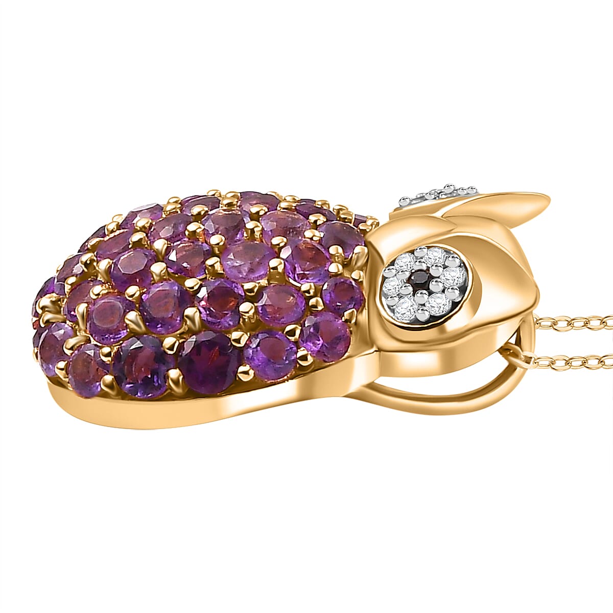 GP Collection - African Amethyst, White Zircon, Black Spinel Owl Pendant with Chain (Size 20) in 18K Yellow Gold Vermeil Plated Sterling Silver 4297133 4