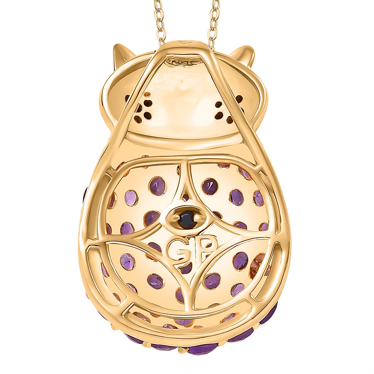 GP Collection - African Amethyst, White Zircon, Black Spinel Owl Pendant with Chain (Size 20) in 18K Yellow Gold Vermeil Plated Sterling Silver 4297133 5