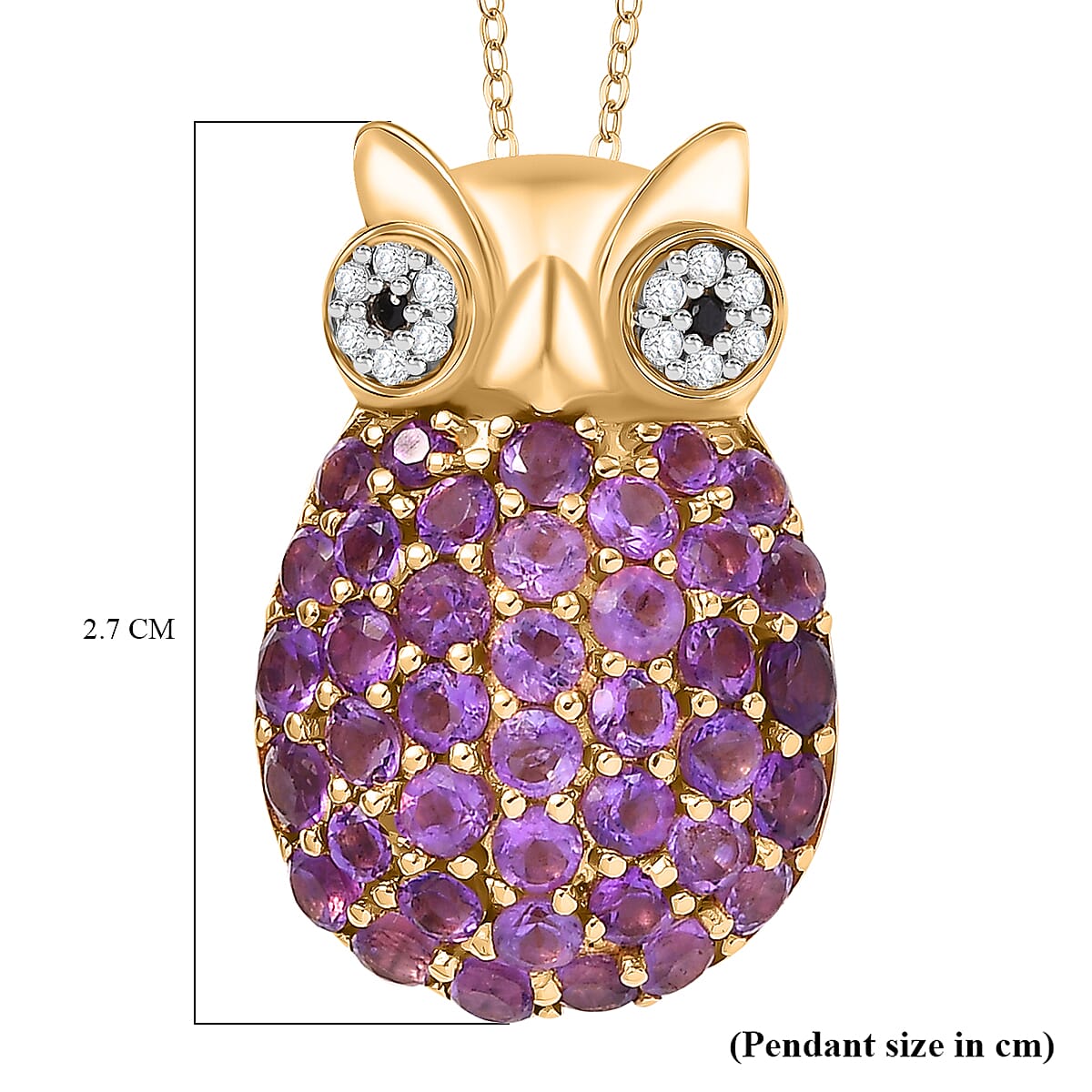 GP Collection - African Amethyst, White Zircon, Black Spinel Owl Pendant with Chain (Size 20) in 18K Yellow Gold Vermeil Plated Sterling Silver 4297133 6