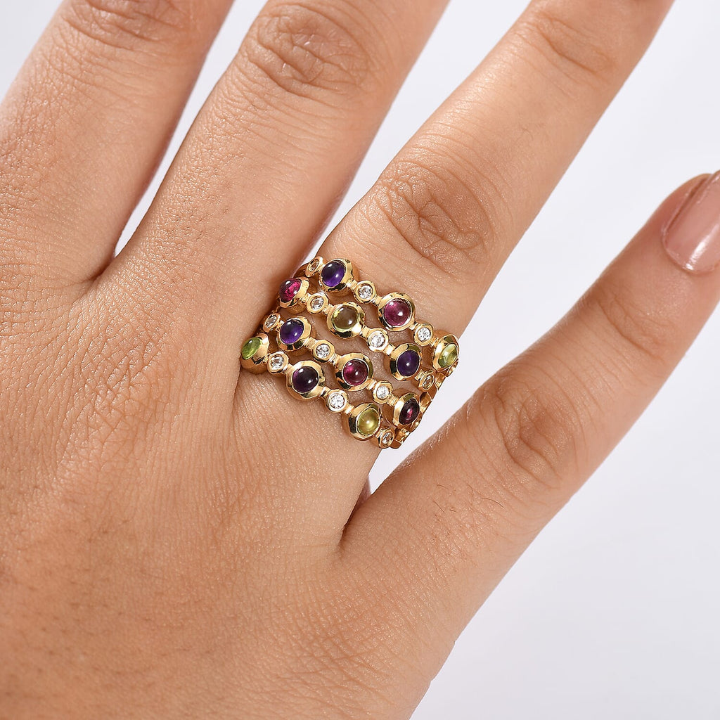Designer Inspired- Multi Gemstone & White Zircon Cluster Ring in Yellow Gold Plated Sterling Silver 2.31 Ct, Silver Wt. 6.44 Gms.