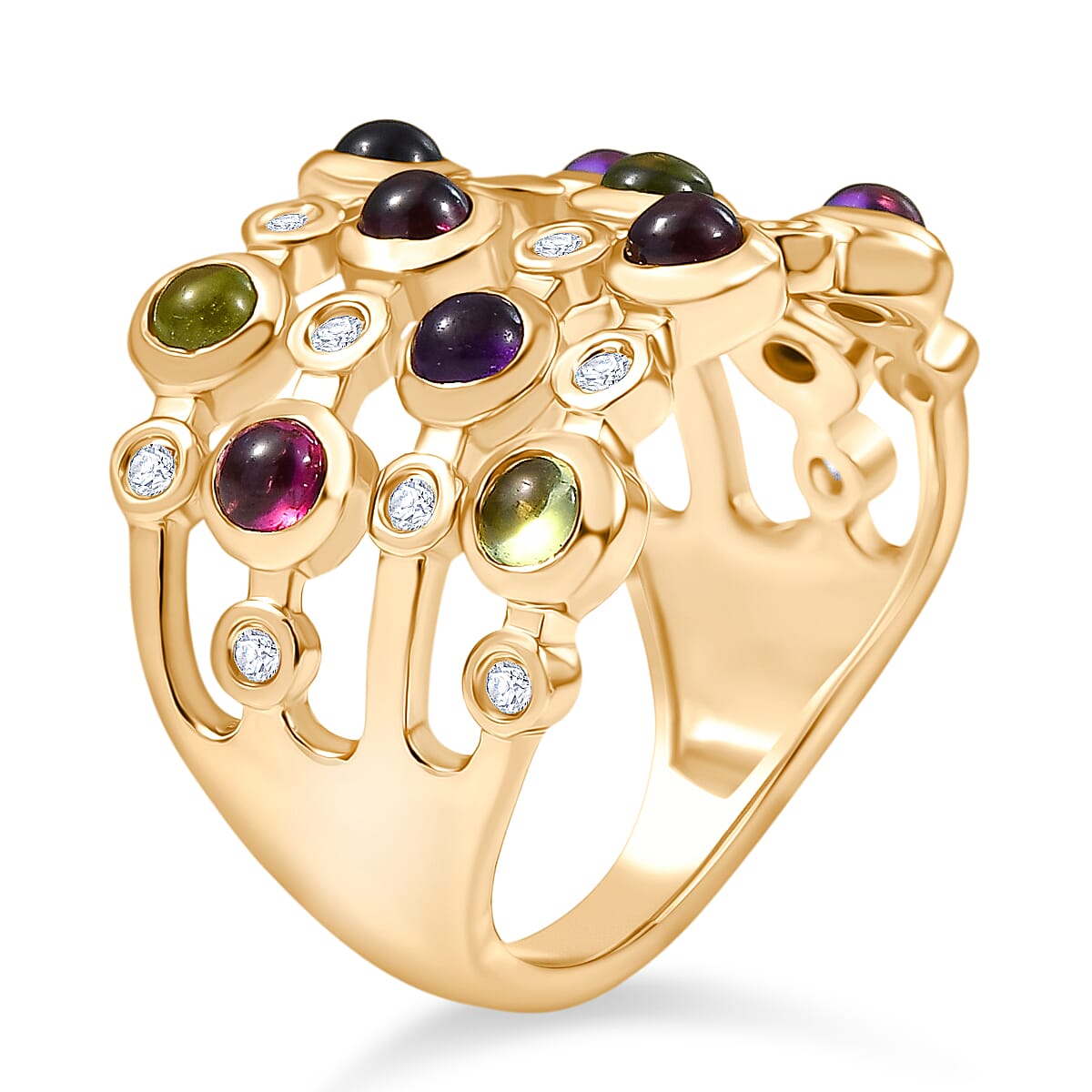 Designer Inspired- Multi Gemstone, White Zircon Cluster Bubble Ring in Yellow Gold Plated Sterling Silver 2.31 Ct. V32699951 3