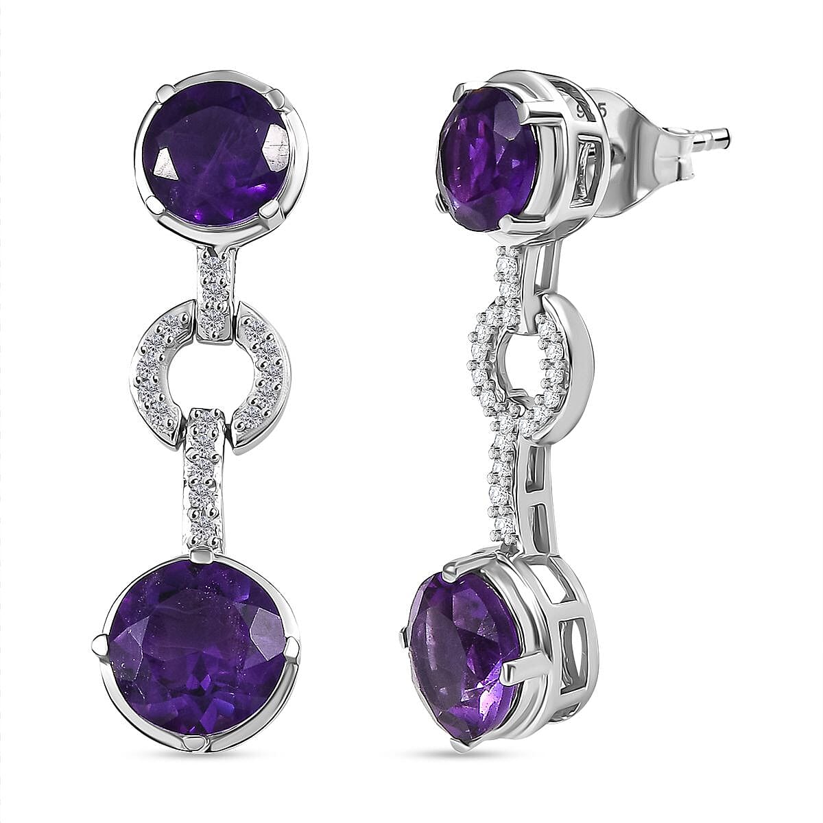AAA African Amethyst &amp; White Zircon Dangling Earring in Rhodium Overlay Sterling Silver 6.49 Ct. 8044667 0