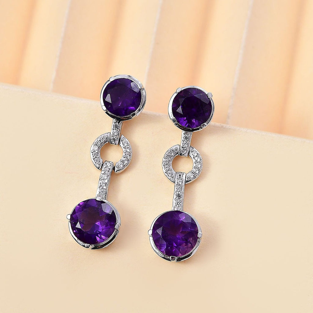 AAA African Amethyst & White Zircon Dangling Earring in Rhodium Overlay Sterling Silver 6.49 Ct.