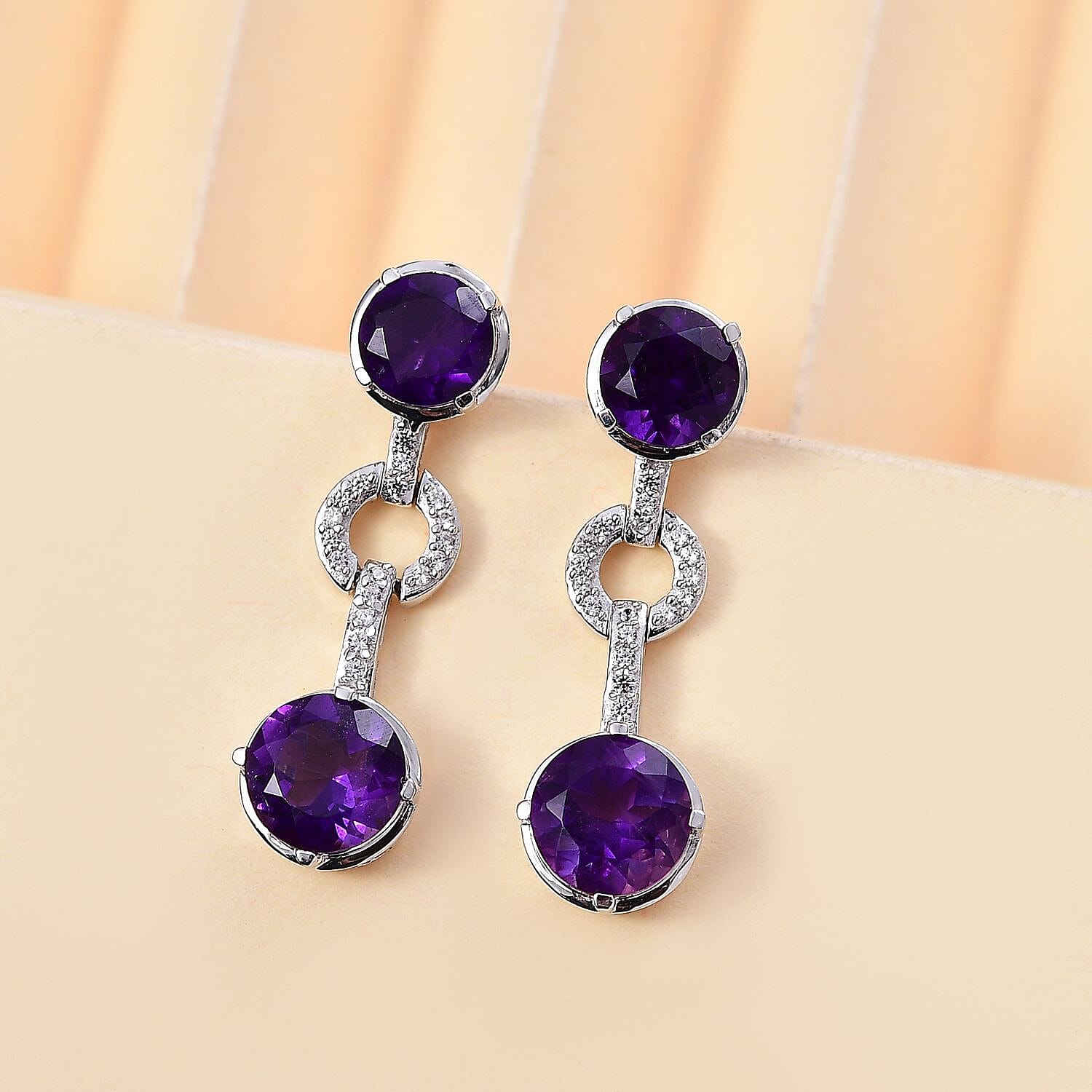 AAA African Amethyst &amp; White Zircon Dangling Earring in Rhodium Overlay Sterling Silver 6.49 Ct. 8044667 2