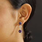 AAA African Amethyst & White Zircon Dangling Earring in Rhodium Overlay Sterling Silver 6.49 Ct.