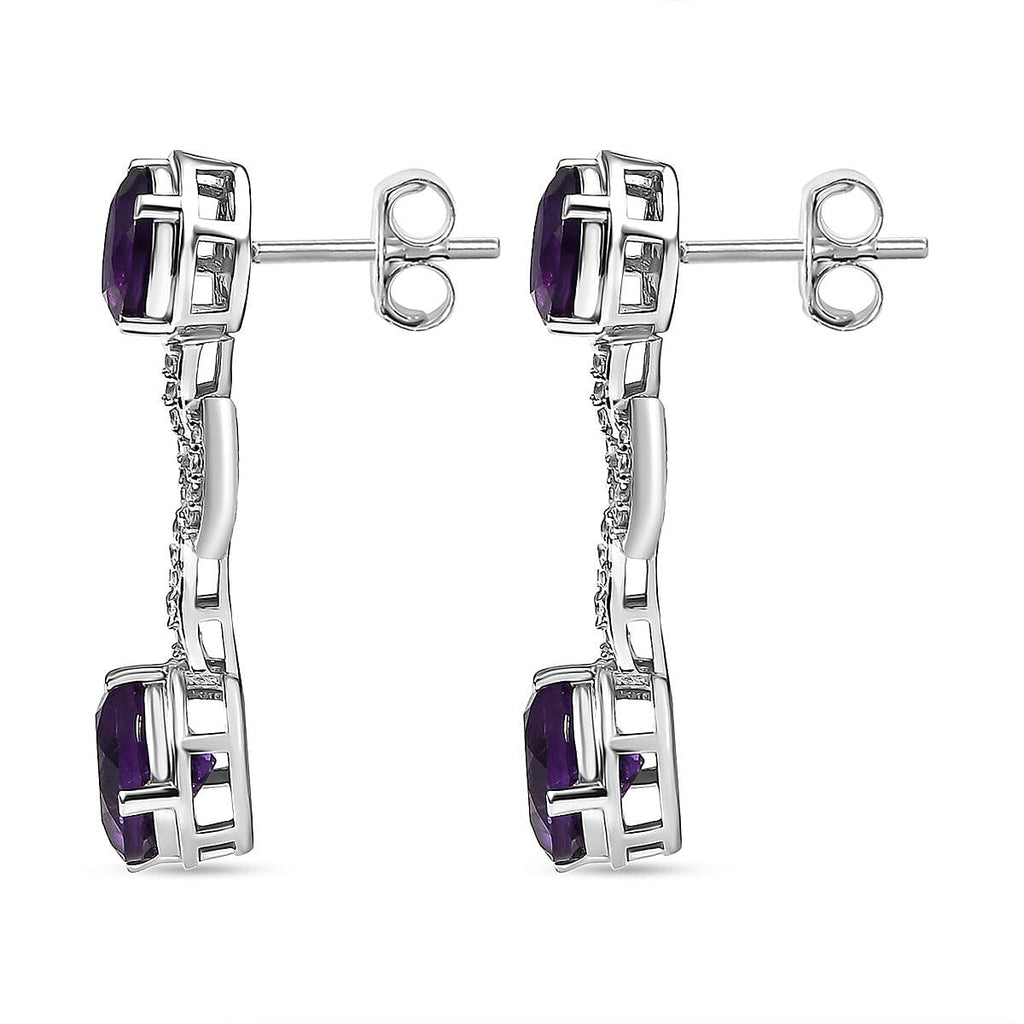 AAA African Amethyst & White Zircon Dangling Earring in Rhodium Overlay Sterling Silver 6.49 Ct.