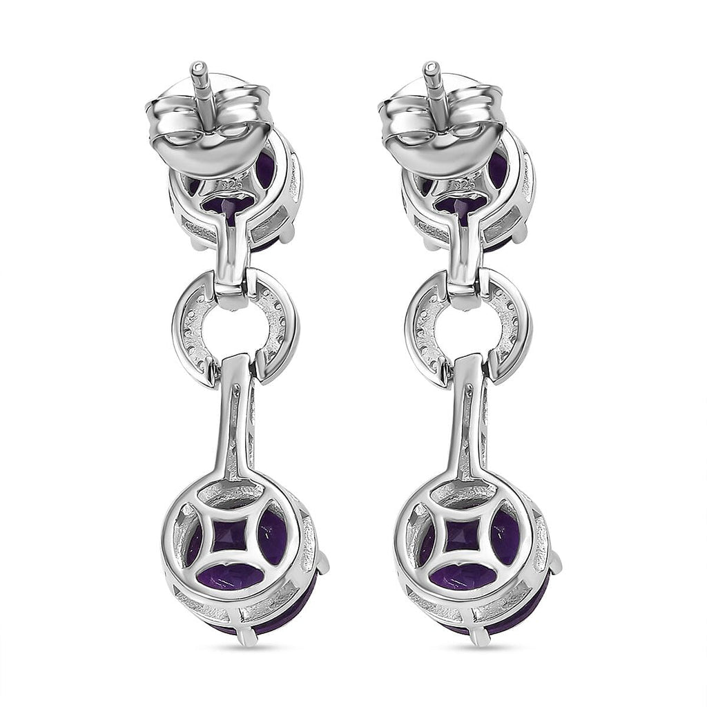 AAA African Amethyst & White Zircon Dangling Earring in Rhodium Overlay Sterling Silver 6.49 Ct.
