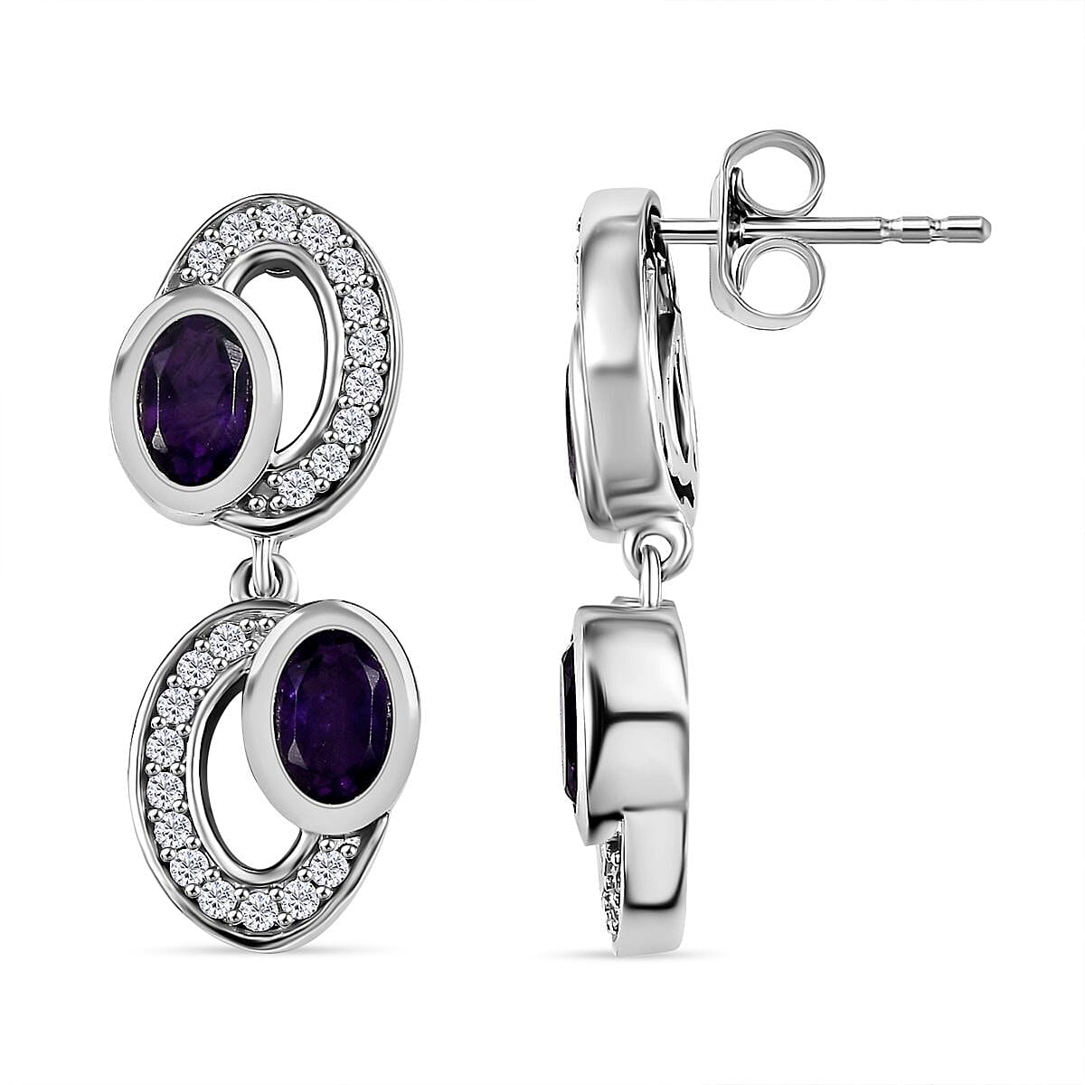 AAA African Amethyst &amp; White Zircon Dangling Earring in Rhodium Overlay Sterling Silver 2.18 Ct. 8046501 0