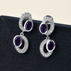 AAA African Amethyst & White Zircon Dangling Earring in Rhodium Overlay Sterling Silver 2.18 Ct.
