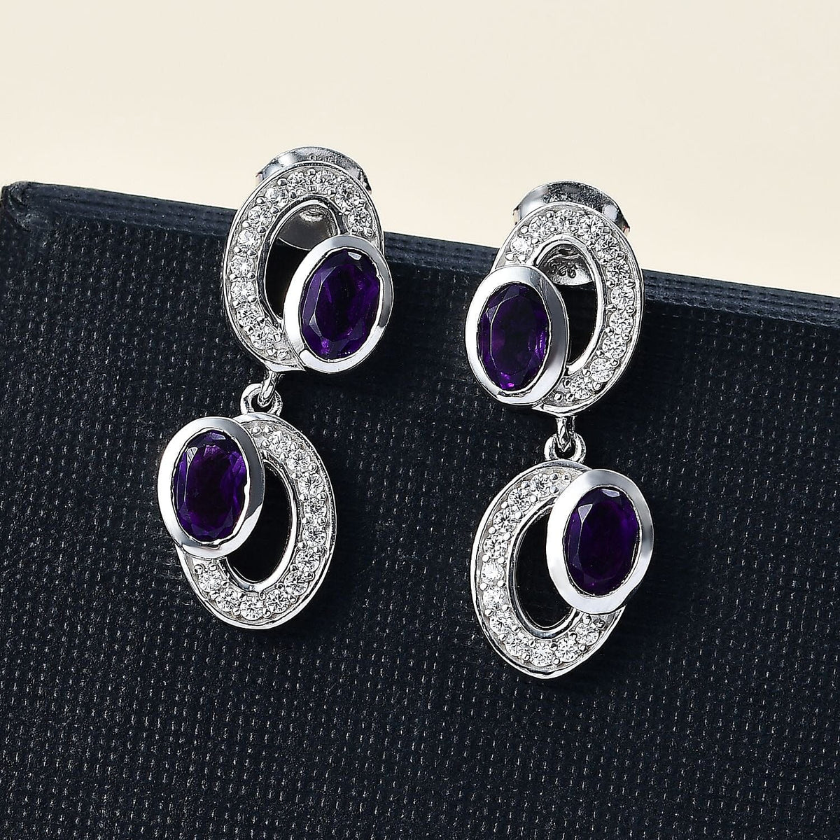 AAA African Amethyst &amp; White Zircon Dangling Earring in Rhodium Overlay Sterling Silver 2.18 Ct. 8046501 1