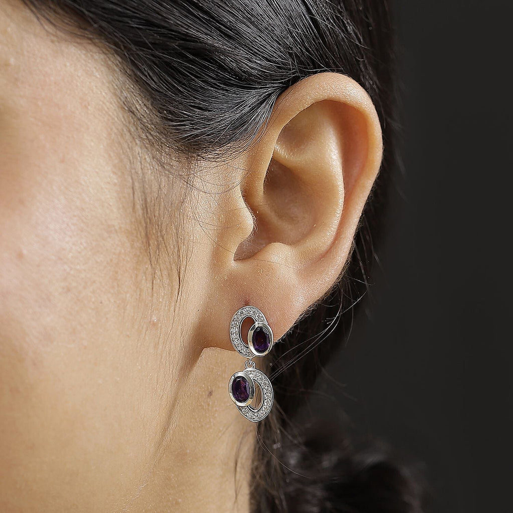 AAA African Amethyst & White Zircon Dangling Earring in Rhodium Overlay Sterling Silver 2.18 Ct.