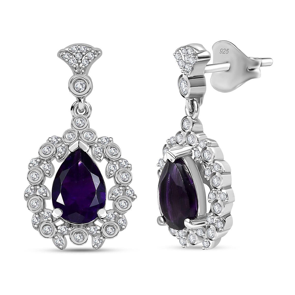 AAA African Amethyst &amp; White Zircon Dangling Earring with Push Back in Rhodium Overlay Sterling Silver 3.98 Ct. 8046567 0