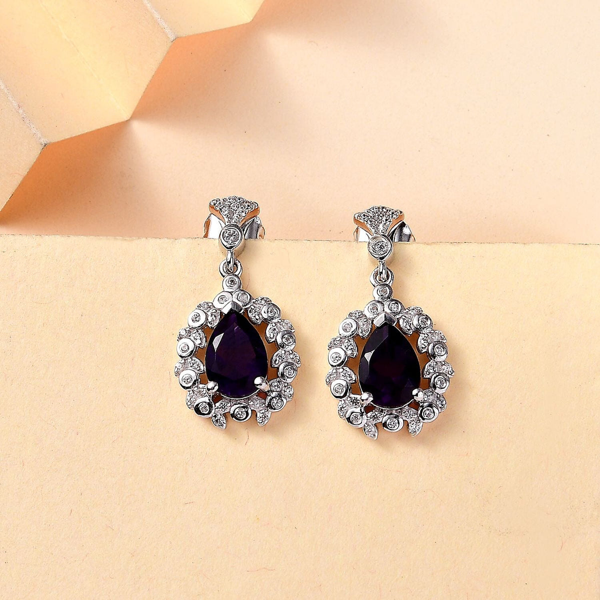 AAA African Amethyst &amp; White Zircon Dangling Earring with Push Back in Rhodium Overlay Sterling Silver 3.98 Ct. 8046567 2