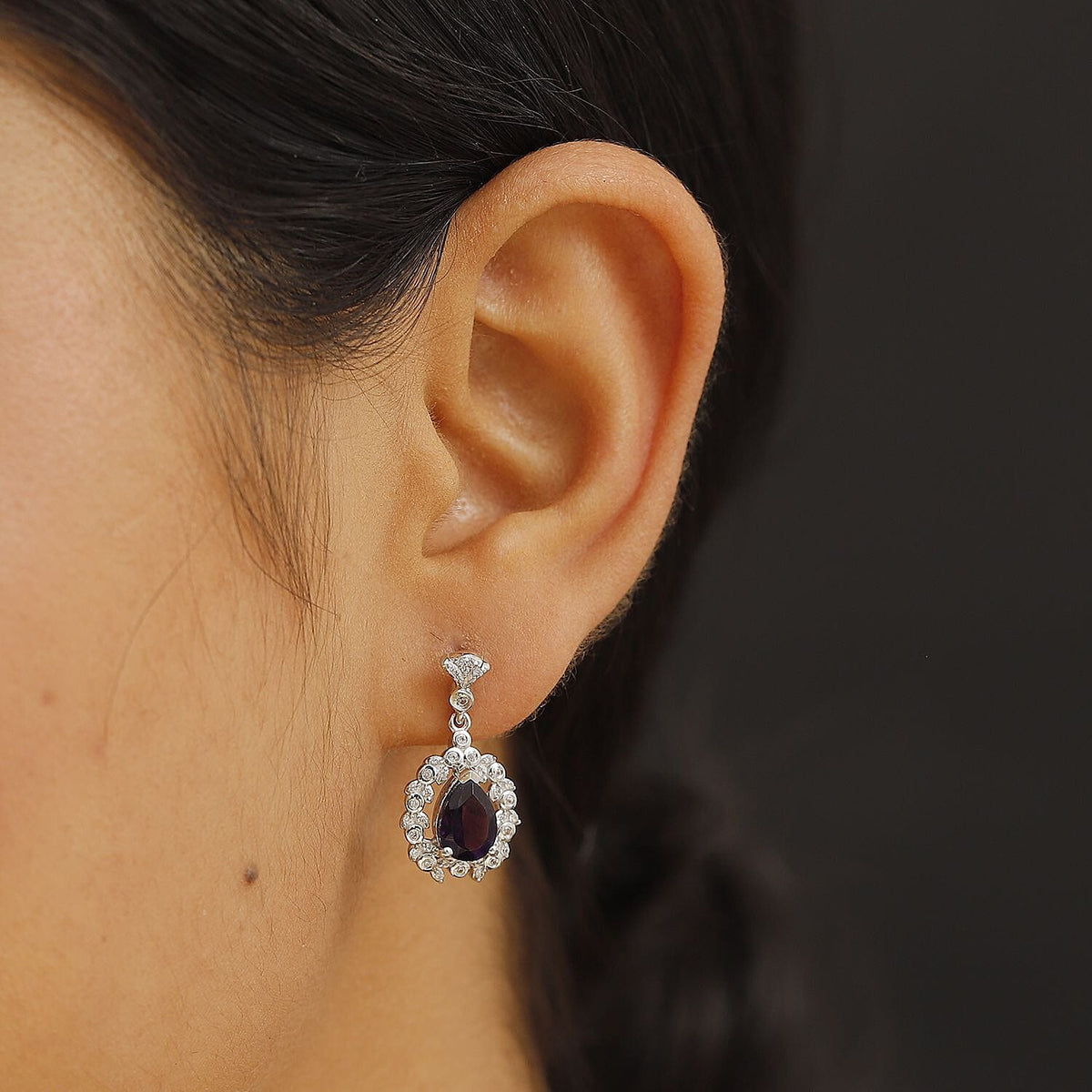 AAA African Amethyst &amp; White Zircon Dangling Earring with Push Back in Rhodium Overlay Sterling Silver 3.98 Ct. 8046567 3